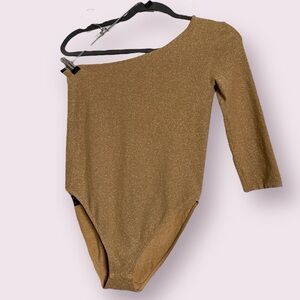 Wolford Gold Metallic One Shoulder 3/4 Length Sleeve Bodysuit Medium
